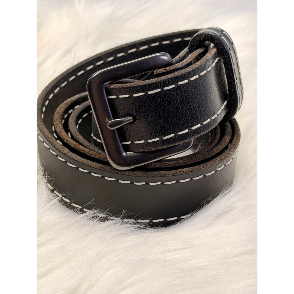 Nohma Leather Mens Black Belt White Contrast Stitch Gunmetal Buckle 46in